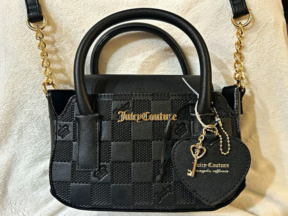 Juicy Couture Black Checkered Mini Satchel Handbag Gold Heart Charm Crossbody